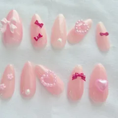 ネイルチップ ミルキー ピンク リボン ハート 花  パール 量産型 地雷系 ガーリー フェミニン y2k 韓国 ワンホン 姫系 あざと可愛い ちゅるん うるうる デート 推し活 ライブ お出かけ 冬ネイル 春ネイル 卒業式 入学式 ホワイトデー