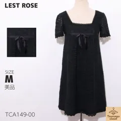 美品 LEST ROSE レストローズ ワンピース ミニ丈 半袖 レース素材 リボン付き クルーネック 　ブラック　 【TCA149-00】 送料無料　古着　レディース