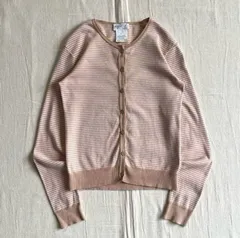 希少デザイン　フランス製　archive　agnes b.　アニエスベー　細ボーダー柄　薄手コットンニット　ボタン留めカーディガン　長袖　プレッション　濃淡ベージュカラー　サイズ1　Y2K　stripes design cotton knit cardigan