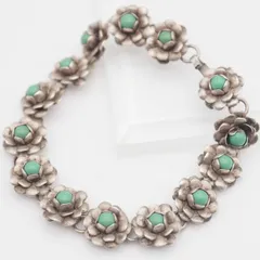 Q963 ターコイズ風 MEXICO刻印 ブレスレット フラワー デザイン シルバー ヴィンテージ メキシコ製 メキシカンジュエリー