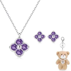 [FH.bird] アメジスト ネックレス ピアス セット 人気 四つ葉 クローバー 「幸運のお守りです」シルバー925 金属アレルギー対応ネックレス 2月誕生石 パープル シンプル 誕生日プレゼント女性 人気 バレンタイン ギフト ホワイトデー お返し  0
