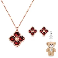 [FH.bird] ガーネット ピアス ネックレス セット ピンクゴールド 四つ葉 クローバー 「幸運のお守りです」シルバー925 金属アレルギー対応 1月誕生石 ネックレス 赤です シンプル 誕生日 バレンタイン ギフト ホワイトデー お返し 入学式 卒 0