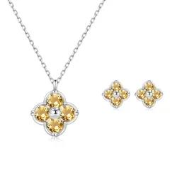 [FH.bird] シトリン ネックレス ピアス レディース クローバー 「幸運のお守りです」シルバー925 金属アレルギー対応ネックレス ペンダント 11月誕生石 ピアス 誕生日プレゼント女性 人気 バレンタイン ギフト ホワイトデー お返し 入学式 卒 1