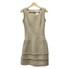 Rene(ルネ) ワンピース サイズ34 S レディース - ベージュ×白×ダークブラウン クルーネック/ノースリーブ/ひざ丈/ツイード