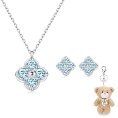 [FH.bird] アクアマリン ピアス ネックレス セット 人気 四つ葉 クローバー 「幸運のお守りです」シルバー925 金属アレルギー対応 ペンダント ネックレス 3月誕生石 水色 シンプル 誕生日プレゼント女性 人気 バレンタイン ギフト ホワイトデ 0