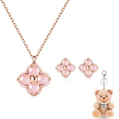 [FH.bird] ローズクオーツ ピアス ネックレス セット ピンクゴールド 四つ葉 クローバー 「美しい祈り」シルバー925 金属アレルギー対応 10月誕生石 ネックレス ピンク シンプル ギフト 女性 人気 ジュエリー バレンタイン ギフト ホワイト 1