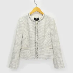23区 オンワード樫山 ラメ ツイード ノーカラー レディース M フォーマル ジャケット ホワイト フリンジ アウター セレモニー 入学式 卒業式  _