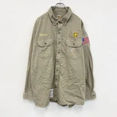 古着 used　Carhartt　カーハート　長袖ワークシャツ　ボタンダウンシャツ　ワッペンカスタム　ベージュ　2XLサイズ【値引き交渉OK！】