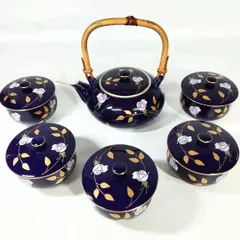 香蘭社　瑠璃　金彩色薔薇文　急須１個　蓋付湯呑み５客　茶器 《NO 01195》