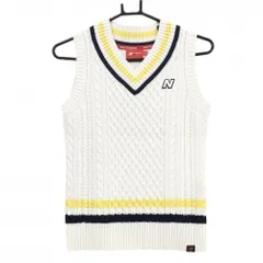 ニューバランスゴルフ ニットベスト 白×ネイビー ケーブル編み Vネック ロゴ刺しゅう ウール混 レディース 0(S) ゴルフウェア New Balance