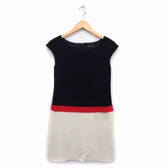 クイーンズコート QUEENS COURT ワンピース Aライン 膝丈 丸首 半袖 フレンチスリーブ ウール 毛 切替 リボンテープ ラメ混 2 ブラック 黒 クリーム レッド 赤 /HT31