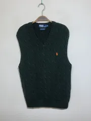 (L) ラルフローレン ポロ ケーブル編み ニットベスト 緑色 ケーブル ベスト ピマコットン