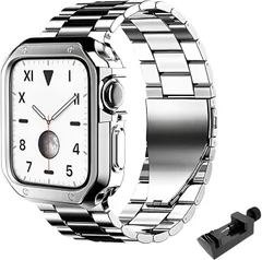 adzu Watch互換品 Apple ステンレス バンド 保護ケース付き アップルウォッチ用 メタル 腕時計 ベルト SE2 Ultra (シルバー x ブラック,  38/40/41mm)