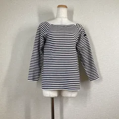 【ルミノア】スクエアネックバスクシャツ　カットソー　トップス　白　茶　1　Le minor　ボーダー柄　ワンポイント 七分袖　フランス製 綿