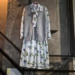 44～77 ウールベスト＋シフォン フラワー ONE PIECE 春 秋 季節の変わり目 コーディネートセット 感性