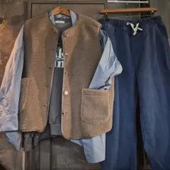 オーバーサイズ 新品 4着 コーディネートセット シープスキンベスト+シャツ+スウェット+デニム ウエストゴム