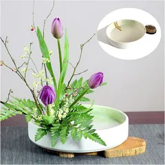 Flatland 生け花 花器 水盤 20cm 剣山 丸型 ゴムリングつき 7cm 華道 陶器 フラワーアレンジメント (白・丸剣山7cm)