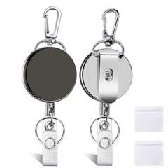 【在庫セール】ピンオンリール 2個 吊り下げ名札用リール ステンレス製 クリップ式オンリール 伸縮キーホルダー ネックストラップ リール 最長60cm 落下防止 金属製 錆び対策 2個IDカードケース付き