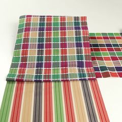 美品》正絹 信州伊那紬 赤.黄.グレー.黒横段 手織 紬 お洒落着物 