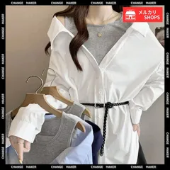 オフショルダー シャツ レディース 韓国風 レイヤード風 トップス ドッキングシャツ 肩見せ ブラウス タンクトップ重ね着風 ベルト付き 着やせ 長袖 Vネック プルオーバー 春夏 CH90QINGQING-001