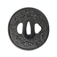 日本刀 鍔（つば）雲龍図 木瓜形 刀装具 時代物 骨董 アンティーク