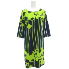 マリメッコ marimekko niili 七分袖ワンピース ひざ丈 ストレッチ 総柄 XS 紺 ネイビー ライトグリーン /GV
