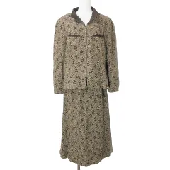 レリアン Leilian スーツ セットアップ 総柄 ジャケット ジップアップ ロングスカート フレア ウール 11 L相当 茶 ブラウン ORG X