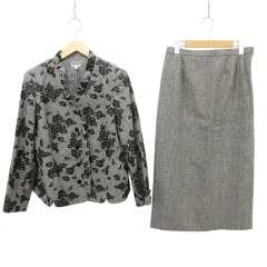 レマロン remalon 美品 スーツ セットアップ 花柄 アウター ボトムス 肩パッド 長袖 ■GY99 グレー
