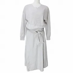 インディヴィ INDIVI ニットワンピース 127-55400 ロング アンゴラ混 Vネック ウエストリボン 38 M相当 ライトグレー X