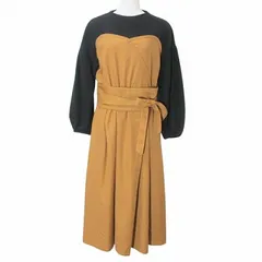 シンプリシテェ SIMPLICITE ビスチェ風ワンピース ドッキング ロング 長袖 フレア ウエストリボン 黒 茶 X