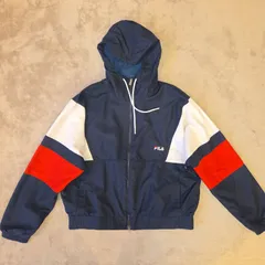 FILA ナイロンジャケット／ Lサイズ ネイビー 切替デザイン ビッグロゴ フーディー 美品  古着