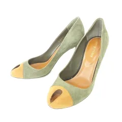 セルジオロッシ Sergio rossi 美品 箱付き 保存袋あり タグあり スエード ヒール パンプス バイカラー イタリア製 37 約24.0㎝ 薄緑 マスタード