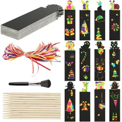 CINECE スクラッチアート 48枚セット ブックマーク 塗り絵 専用竹ペン12本付き ペーパーアート しおり 無地 虹絵ー 飾り お絵描き DIY プレゼント