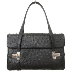 オーストリッチ レザー ハンドバッグ 黒 ブラック ORG A0806