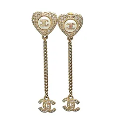 CHANEL シャネル 22年 秋冬コレクション ココマーク チェーン ラインストーン ハート ピアス F22 B イヤリング GPメタル クリスタル パール レディース