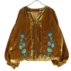 Amina アミナ 刺繍 長袖 ベロア ノーカラージャケット ブラウン系 レディース 古着