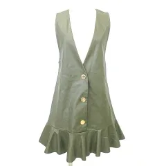 ザラ ZARA ワンピース ノースリーブ 裾フリル フェイクレザー EUR S カーキ A1105