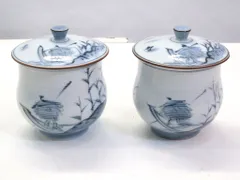 【225378】 波佐見焼　幸祥窯　山水絵　蓋付き湯呑　ペア ブルー|ホワイト