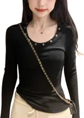 AQUA Marine ロングTシャツ レディース 長袖 リベット付き ラウンドネック 胸元 スリムフィット カットソー 伸縮性 かわいい 細身シルエット ロング丈 スタイルアップ 韓国風 Y2K (ブラック,  L)