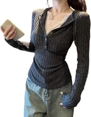 AQUA Marine ロングTシャツ レディース レースフリル付き リブ素材 長袖 スリムフィット かわいい ボタン付き カジュアル レイヤード風 カットソー 韓国風 Y2K スタイル (グレー,  M)