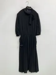 ワンピース 13 ブラック 無地 リボン 半端袖 ミモレ・半端丈 プリーツ