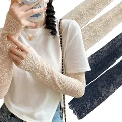 [PIENSE] 【上品に彩る手元】 アームカバー 腕カバー 日焼け対策 レース フリル ロング丈 冷房対策 UVカット 紫外線対策 通気性 吸汗速乾 (オフホワイト＆ブラック) [オフホワイト＆ブラック]