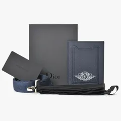 新品未使用 DIOR ディオール AIR DIOR カードケース ロゴ ストラップ レザー ネイビー シルバー金具 中古 4b012044