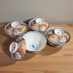 【4客セット】 古伊万里 蓋付き椀 壽 金彩 色絵 赤絵 蓋物 松竹梅 蓋付き丼 ご飯 茶碗 陶器 和食器 骨董品 アンティーク