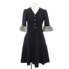 ボーダーズアットバルコニー BORDERS at BALCONY ウールジャージドレス WOOL JERSEY DRESS ワンピース ひざ丈 七分袖 フリル ボーダー柄 36 紺 ネイビー 白 ホワイト D1821-2K-09 /YTのサムネイル