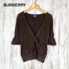BURBERRY BLUE LABEL バーバリーブルーレーベル ホースロゴ刺繍 フリル 五分袖 カシュクール ニット ブラウン レディース トップス