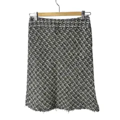 23区 オンワード樫山 ツイード Aラインタイトスカート フリンジ ひざ丈 34 ホワイト ブラック ■GY43