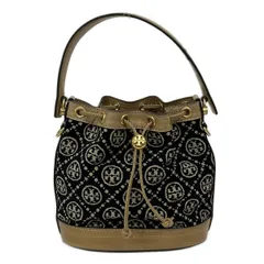 TORY BURCH(トリーバーチ) ハンドバッグ - 黒×アイボリー×ライトブラウン 巾着型 ウール、レザー