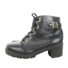 イング INGNI Me Chose レースアップショートブーツ ミドルヒール フェイクレザー ベルト L 黒 ブラック /AH23