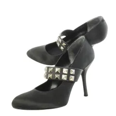 ダイアナ DIANA パンプス ハイヒール アーモンドトゥ サテン レザー 革 スタッズ 22.5 黒 ブラック /CK20